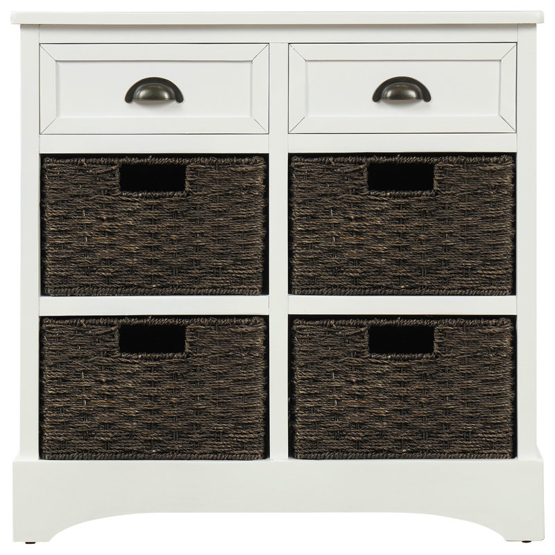 Armoire de rangement rustique avec deux tiroirs et quatre paniers classiques en rotin, Blanc