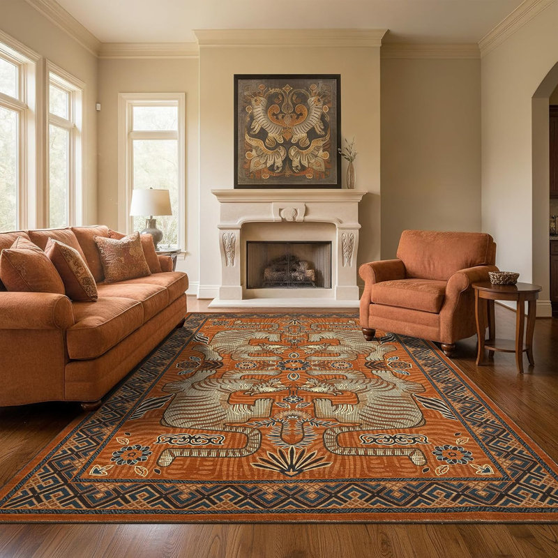 Large Tibetan Tiger Area Rugs 9X12 For Living Room, Boho Tribal Terracotta Washable Rug Soft Non Slip Vintage Mat Indoor Carpet For Bedroom Dining Room Playroom Nursery Decor