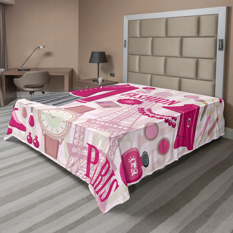 Ambesonne Fashion Top Flat Sheet Fashion in Paris Eiffel TwinXL Beige and Pink, Drap plat de taille double