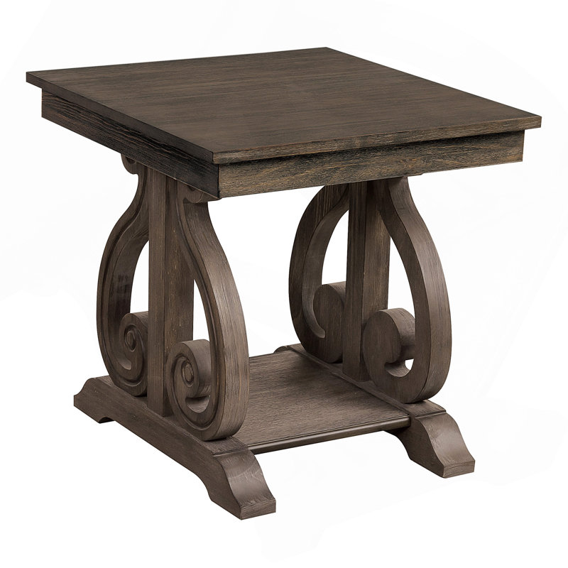 Table de bout en placage traditionnel avec couleur chêne foncé et tablette décorative