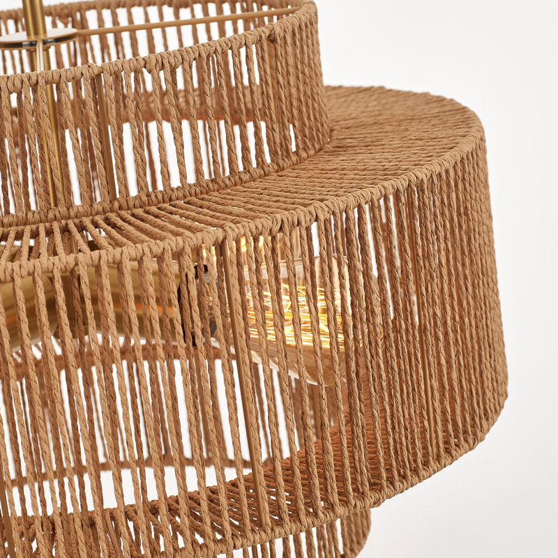  4-light Boho Hand Woven Drum Rattan Chandelier, 3, Gold, 4