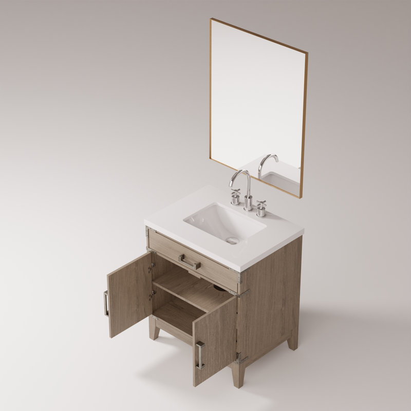 Laurel 36 in W x 22 in D Single Bath Vanity Mirror and Faucet Set, Gray Oak, White Quartz