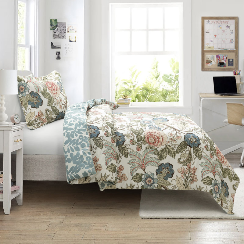 Sydney Twin XL Green Blue Reversible Cotton Floral Duvet Cover Set