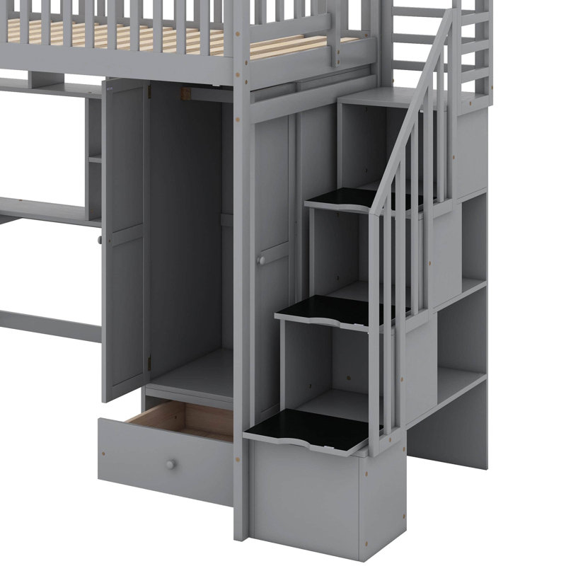 Lit mezzanine simple avec bibliothèque, tiroirs, bureau et garde-robe