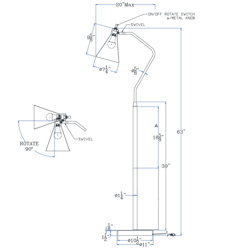 Lampe de travail sur pied 63 po Dekobe, Or