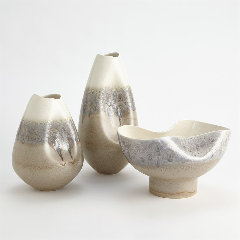 Cream Rises Dented Table Vase, 3.5" H x 10.25" W x 10.25" D