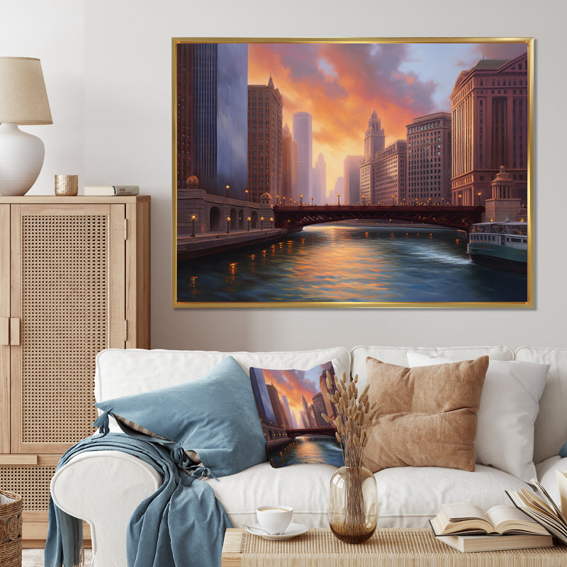 Chicago City Scene I, reproduction d'art sur toile, H 24 po x l 32 po x P 1 po, Cadre flottant doré