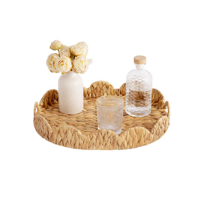 Handwoven Scalloped Wicker Tray with Handles, Water Hyacinth Serving & Decorative Tray