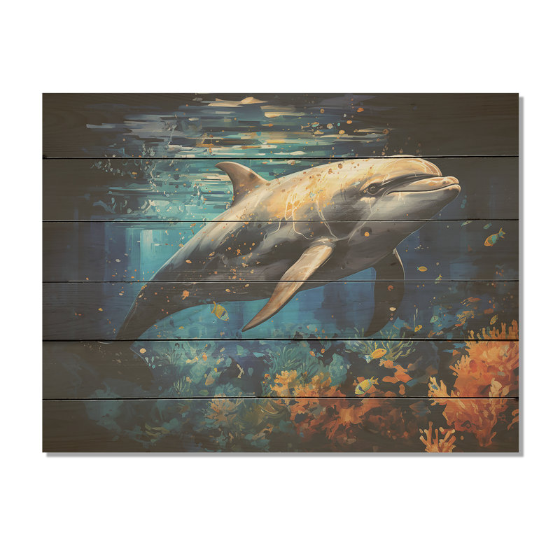 Dolphin Odyssey - Art mural en bois de dauphin sur bois de pin naturel, H 30 po x l 40 po