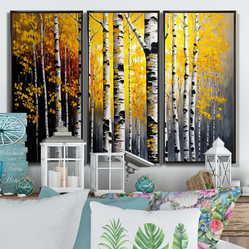 Into A Golden Birch Forest VI - ensemble d'art mural sur toile paysage, Cadre noir, H 28 po x l 36 po x P 1 po