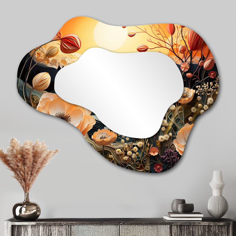 Blooming Poppies River Sunset - Poppy Asymmetrical Wall Mirror, Peach Cloud Decorative Mirror, Printed Metal Art, 27" x 35"
