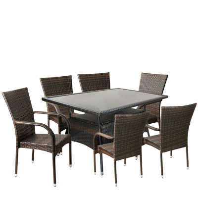 7pc Brown Outdoor Woven Resin Rattan and Steel Rectangle Patio Dining Set - 59.2