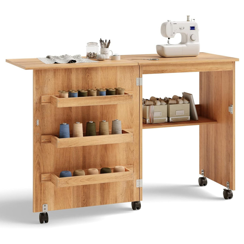 Folding Sewing Craft Table with Storage Bins & Shelves