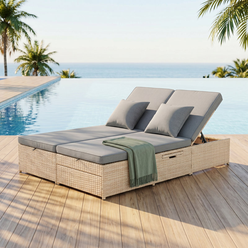 Ensemble de lit de bronzage double TOut Porte, chaises inclinables en rotin PE toutes saisons avec dossier et siège réglables, ensemble de conversation pour patio pour 2 personnes, brun