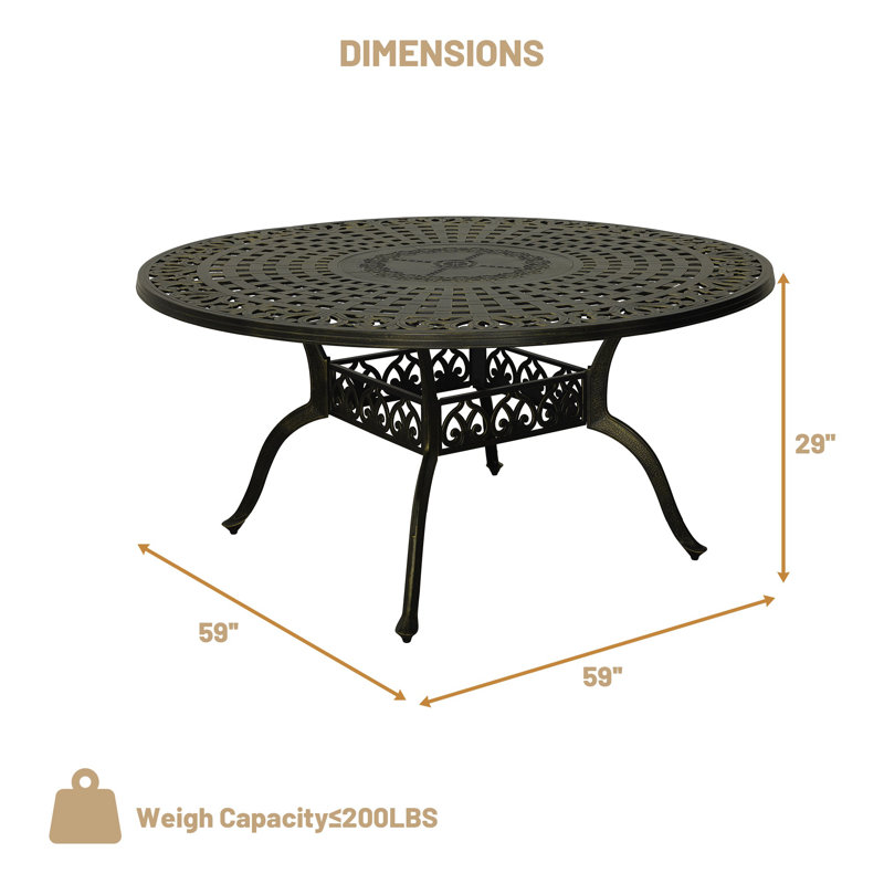 59'' Round Cast Aluminum Outdoor Dining Table with Woven Cut-Out Top