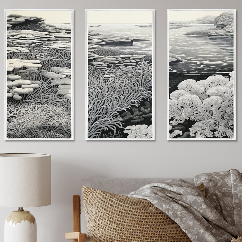 «Gray Marine Scenes - Coastal Coral Under Water», ensemble d'art sur toile, Cadre flottant blanc, H 28 po x l 36 po x P 1 po