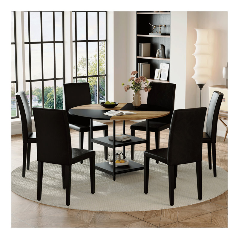 Ensemble de table et de chaises.Une table de salle à manger circulaire de couleur moderne épissée de 47,3 pouces de diamètre - double couche de rangement. Combinée avec des chaises de salle à manger en polyuréthane, simples et polyvalentes, confort
