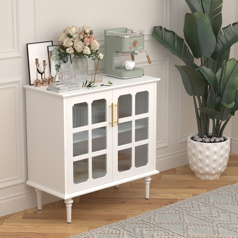 Armoire de rangement de style campagne moderne 31,4 "avec portes en verre quadrillé, tablettes intérieures réglables, pieds tournés en bois, buffet armoire sur pied