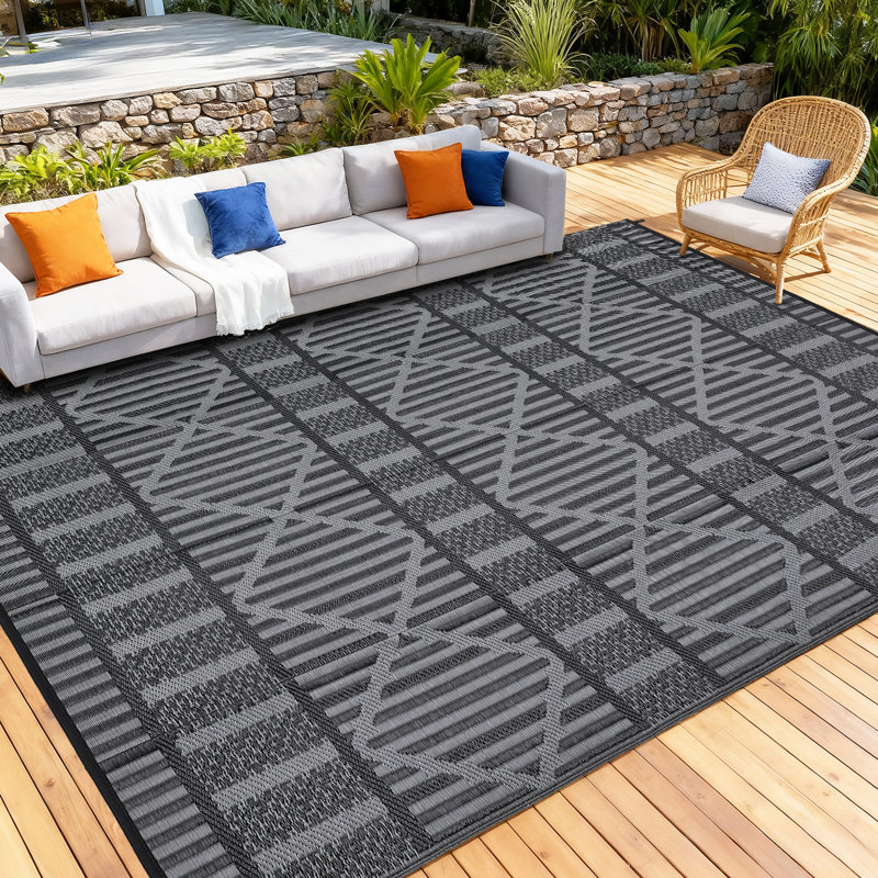 Outdoor Area Rug 9' x 12', Reversible Woven Polypropylene with Waterproof Finish, Geometric Pattern Patio Mat for Deck, Porch, Backyard or Beach