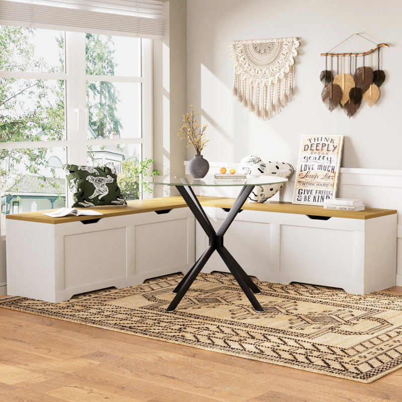 Banc de rangement multifonctionnel en forme de L 3 pièces avec coussin - Finition blanche et naturelle, banc de coin de cuisine, boîte de rangement pour jouets, siège de coin lecture, design minimaliste moderne (l 63 po x l 63 po x L 19,1 po)