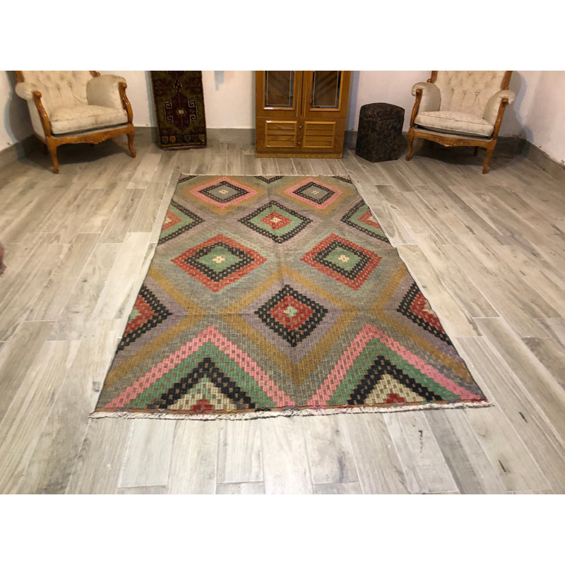 Tapis tissé à la main Kilim Oushak avec motif géométrique dans des couleurs pastel pour Boho Home Decor
