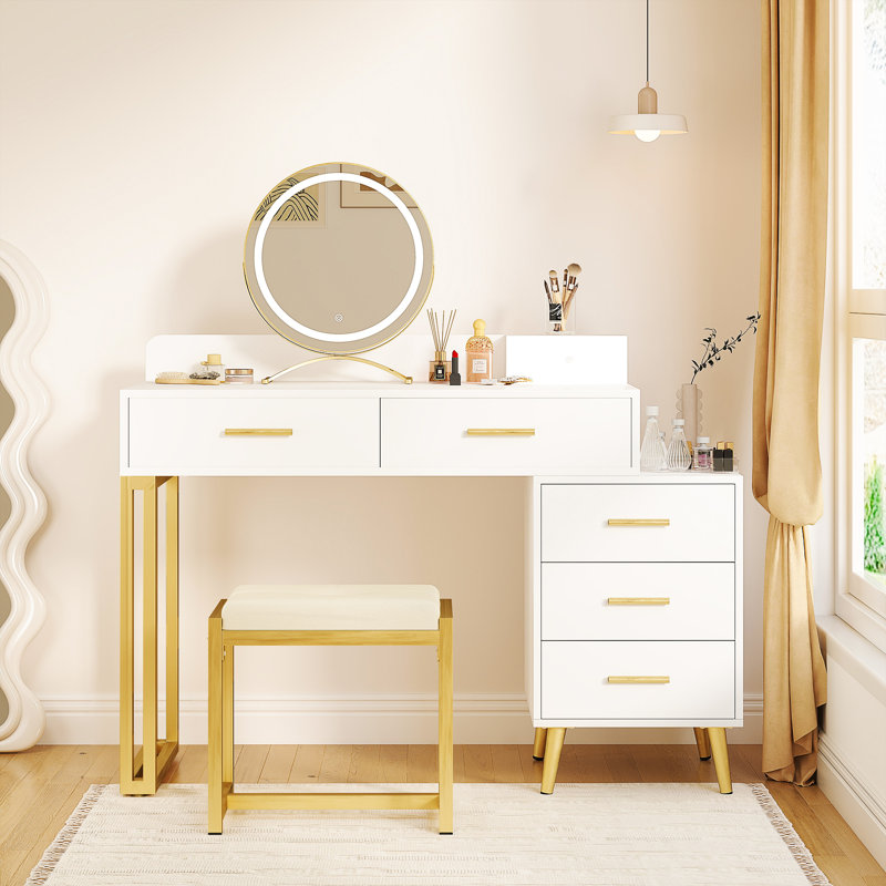 Grosmark Makeup Vanity Desk with Stool and LED Mirror, White/Gold