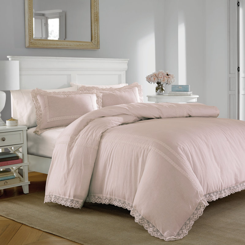 Laura Ashley Annabella Cotton Duvet Cover Set, Full/Queen Duvet Cover + 2 Standard Shams, White
