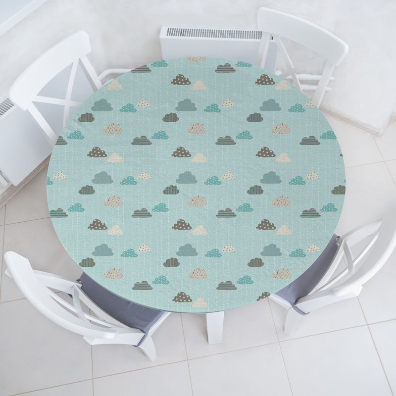 Winston Porter Blue Sky Fitted Round Tablecloth Diameter Seafoam Multicolor, 67.72" Round
