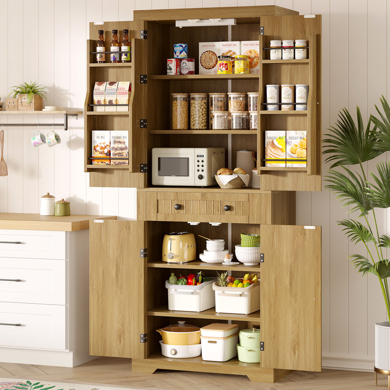 Bulut 72" Tall Kitchen Pantry Storage Cabinet with Motion Sensor Light, Door Shelves and Drawer,White Large Bathroom Cabinet with Adjustable Shelves