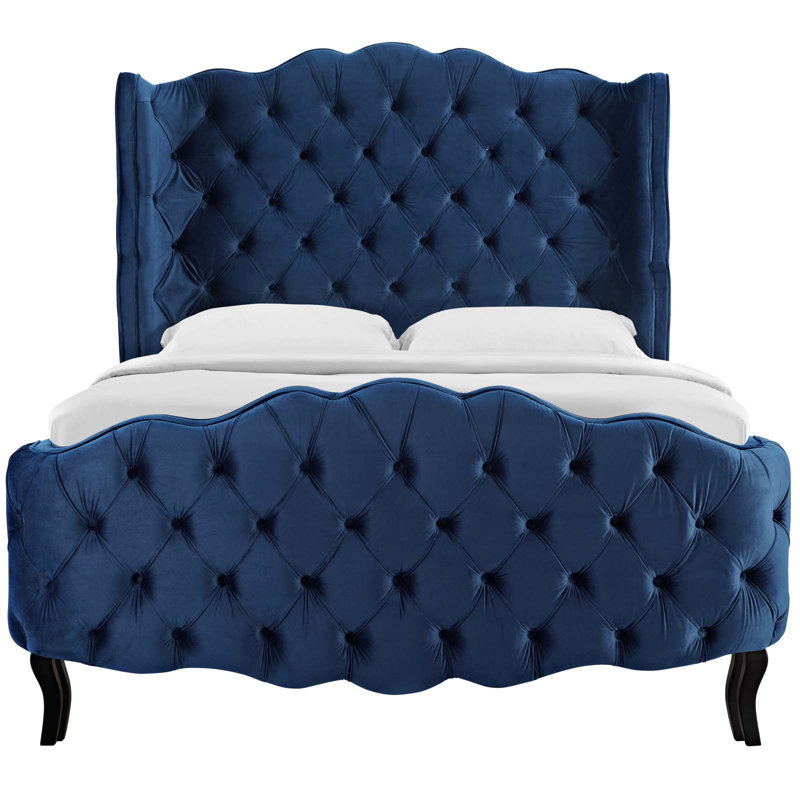 Modway Gracewood Hollow Abumuse Tufted Wingback Velvet Platform Bed, Navy