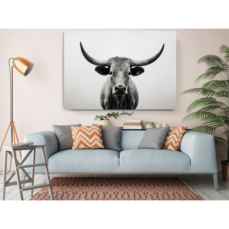 Gros plan sur une photo du Texas Longhorn en noir et blanc sur toile, reproduction d'art sur toile, H 16 po x l 24 po