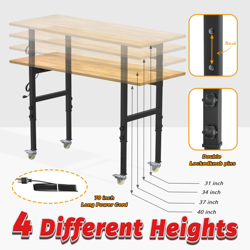 48'' Solid Wood Top Height-Adjustable Workbench with Wheels & Power Outlet & Drawer, 40" H x 48" W x 24" D