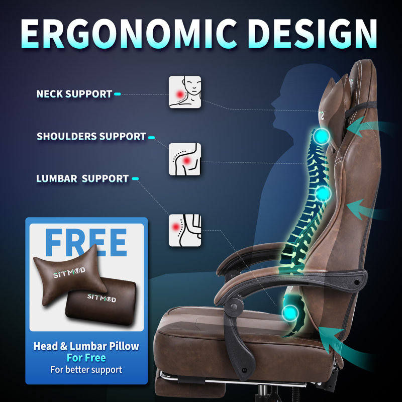 Ebern Designs Ergonomic Gaming Chair with Footrest for Adults-PU Leather PC Computer Gaming Chair, Brown
