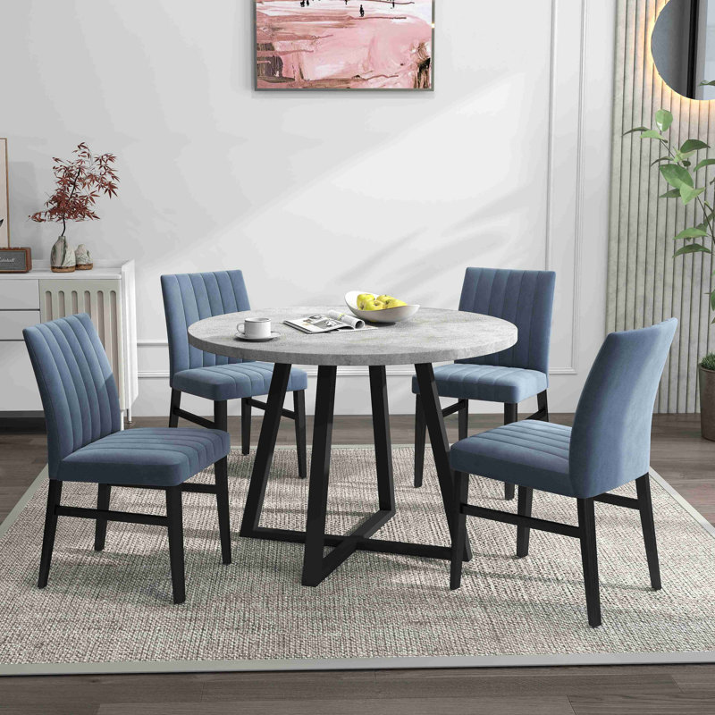 Ensemble de salle à manger 5 pièces, table à tréteaux ronde et 4 chaises rembourrées