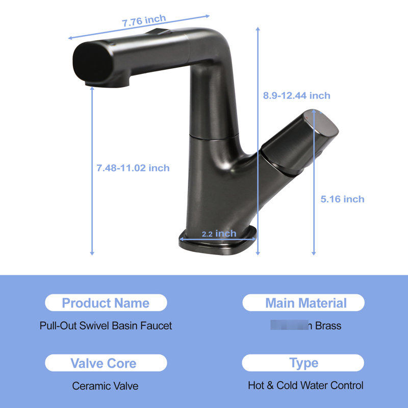 Pull - Down Bathroom Sink Faucet With Three Modes In Gunmetal Black, 90 Cm Hoses, Dual Mode Switch, 360 Rotating Spout, Temperature Adjustment , Ceramic Valve, Complete For Simple Installation Black