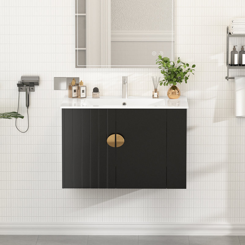 30"Wall-mounted Single Bathroom Vanity With Ceramic Top-right Side Cabinet, Black