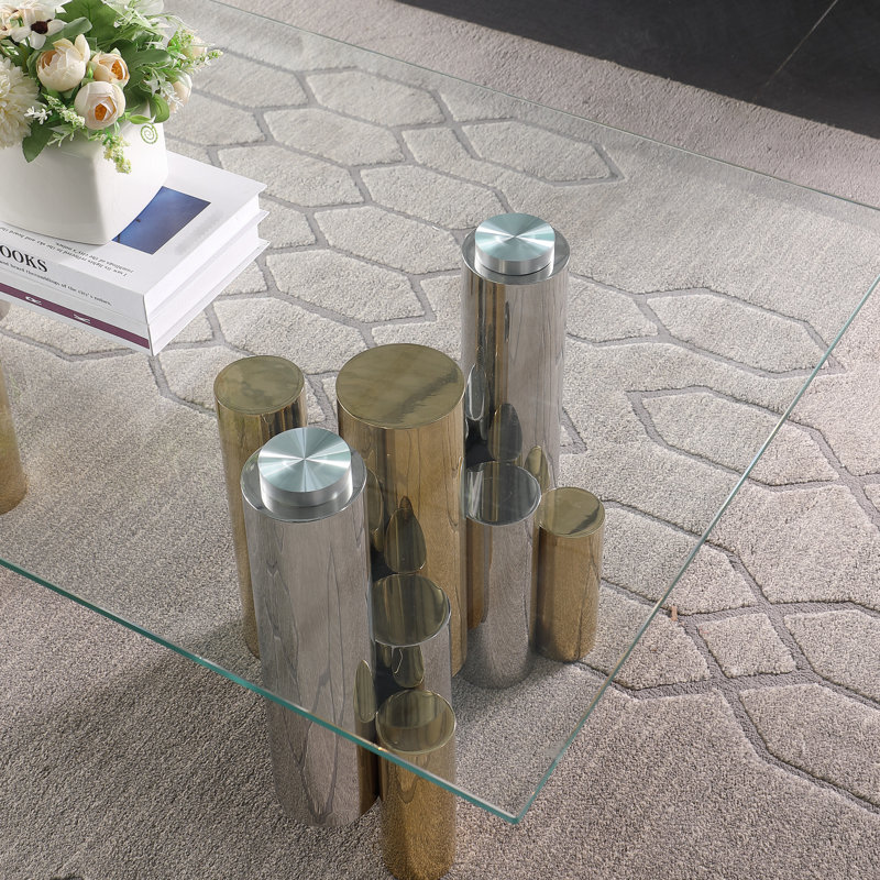 Table basse moderne 48 po en acier inoxydable avec verre transparent rectangulaire pour balcon, bureau aspect doré poli