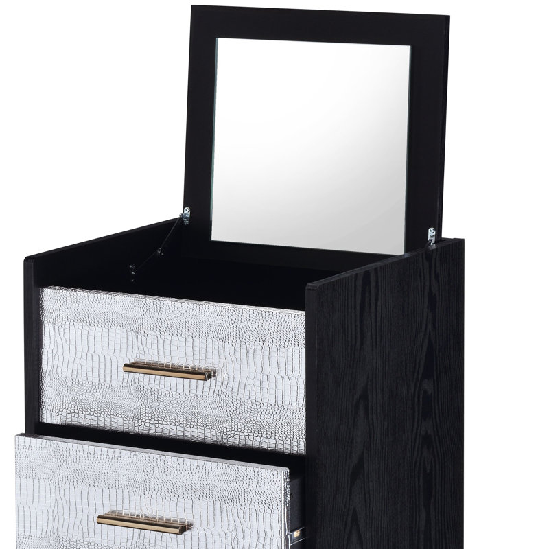 Myles Contemporary Rectangular 4-Drawer Jewelry Armoire with Metal Legs, Black/Silver/Gold