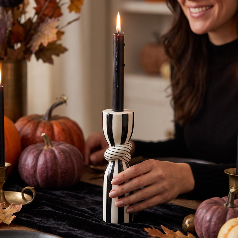 Bougeoirs en céramique à rayures blanches et noires pour l'Halloween, motifs torsadés et noués, base pour bougie conique