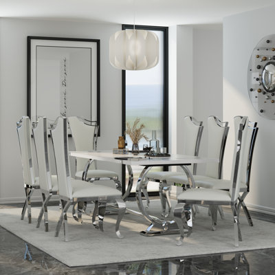 Ensemble de table de salle à manger 78 pouces blanc et argent avec 8 chaises en cuir chromées blanches