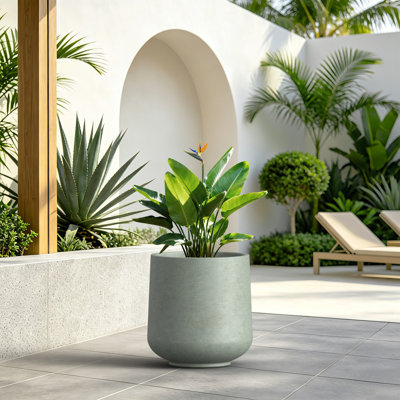 17" H x 15" W Concrete Planter, Green Gray Sturdy Cement Pot for Patio & Garden Decor