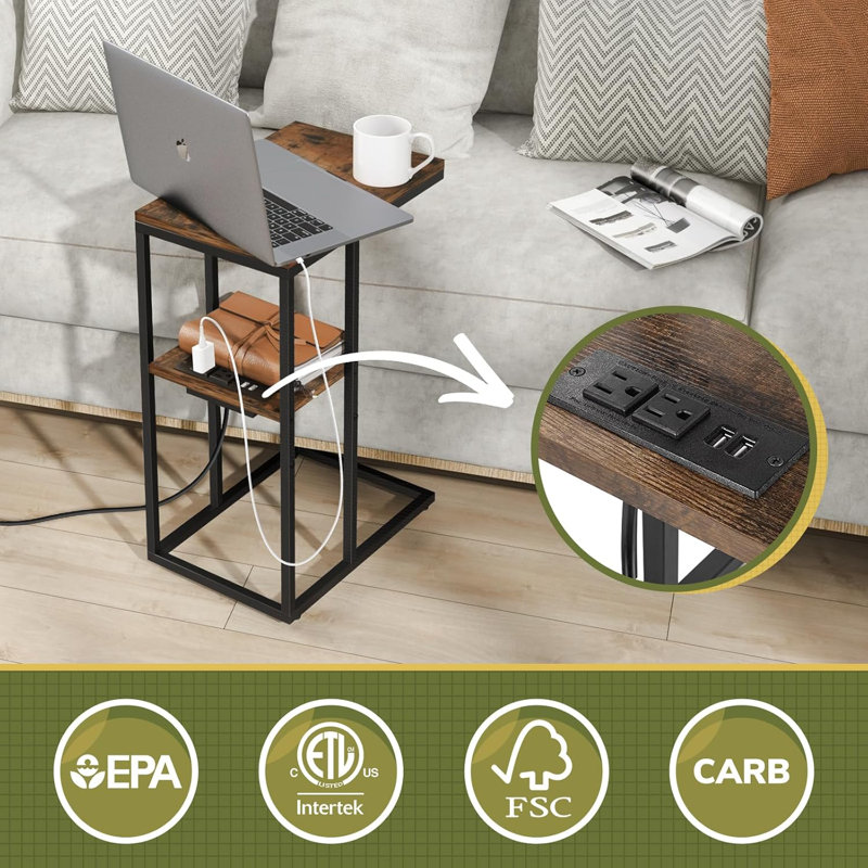 Leelo Shaped End Table with Charging Station for Living Room, Bedroom, Sofa Table with USB Ports and Outlets for Small Spaces, C Couch Rustic Snack Bed Table