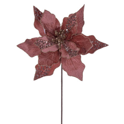 Vickerman 10" x 20" Baby Velvet Striped Poinsettia Stem. It includes three pieces per bag.