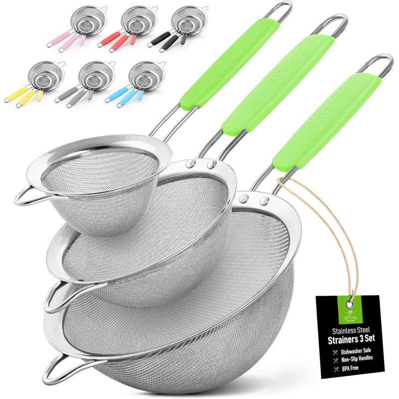 Zulay Kitchen Premium Stainless Steel Fine Mesh Strainer Set - Red, Green