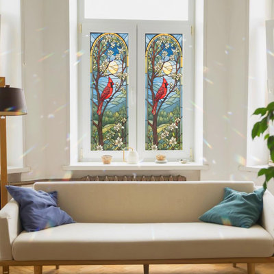 Decorative Cardinal Stained Glass Window Film, Cardinal Stained Glass Window Film for Bathroom Shower Door Heat Anti UV