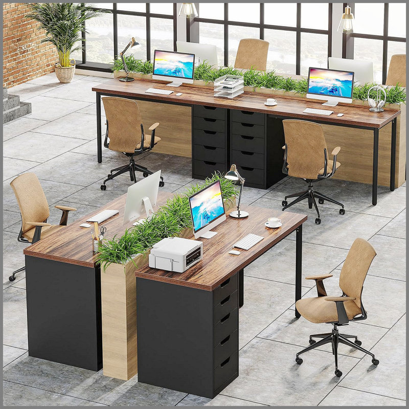 Bureau d'ordinateur de 47 pouces avec 5 tiroirs et armoire réversible, brun rustique et noir, idéal pour les petits bureaux à domicile et les zones d'étude