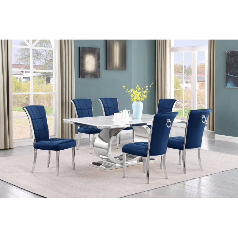 Bannister Marble Top Pedestal Dining Set, Black/Silver, 7, Silver