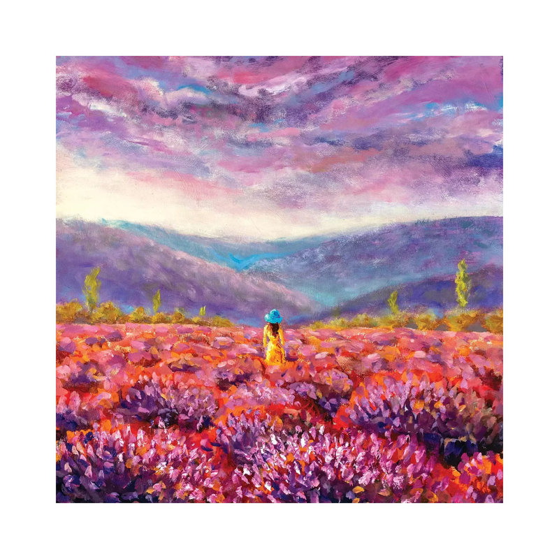 Beautiful Girl In A Yellow Dress Stands In A Flower Field, Lavender Field - Wrapped Canvas Painting