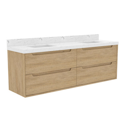 72'' Wall-mounted Double Bathroom Vanity With Engineered Stone Top