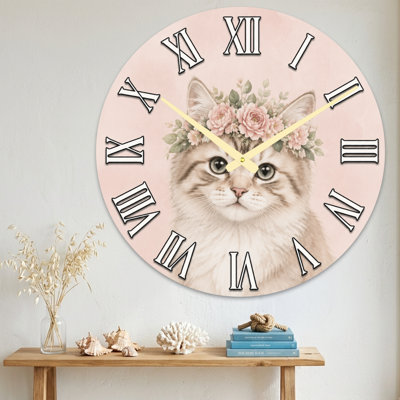 Animal Cute Cat Wearing Flower Crown On Pink Clock Face Ultra Clear Glass Wall Clock